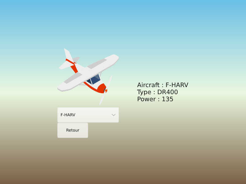 La page avion, avec un appareil choisi et ses informations affichées